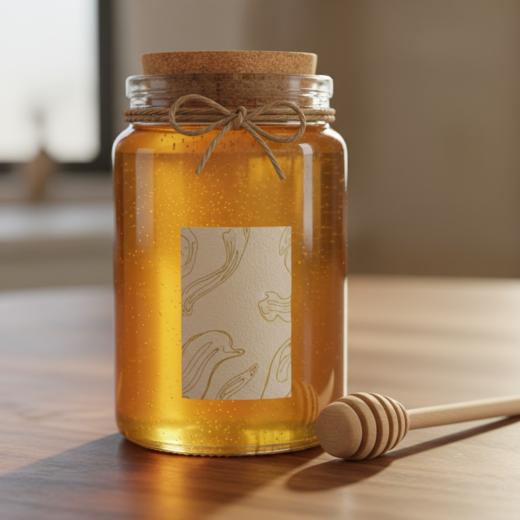 A glass jar of honey sits on a wooden table, accompanied by a wooden honey dipper. The jar is filled to the brim with a go...