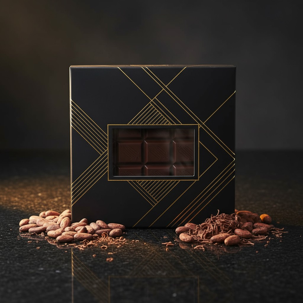 This image depicts a black box with a gold geometric pattern and a clear window revealing a dark brown chocolate bar. The ...